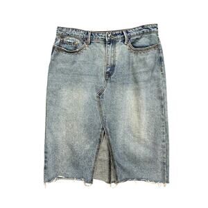 Stetson Skirt Womens 12 Denim Blue Jean High Rise Front Slit Raw Hem ZIp Fly